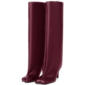 RJYLP Women's Knee High Boots Nude Suede Wide Calf Stiletto Long Boots Pull On High Heel Riding Boots Fahion Dress Fall Tall Boots (11, Leather Burgundy)