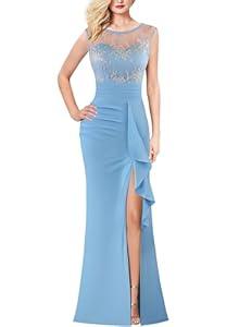 VFSHOW Womens 2025 Ruffle Formal Prom High Slit Maxi Dresses Floral Embroidery Ruched Sexy Illusion Sweetheart Neck Wedding Guest Evening Ball Gown (Light Blue, Medium) 11981 BLU M