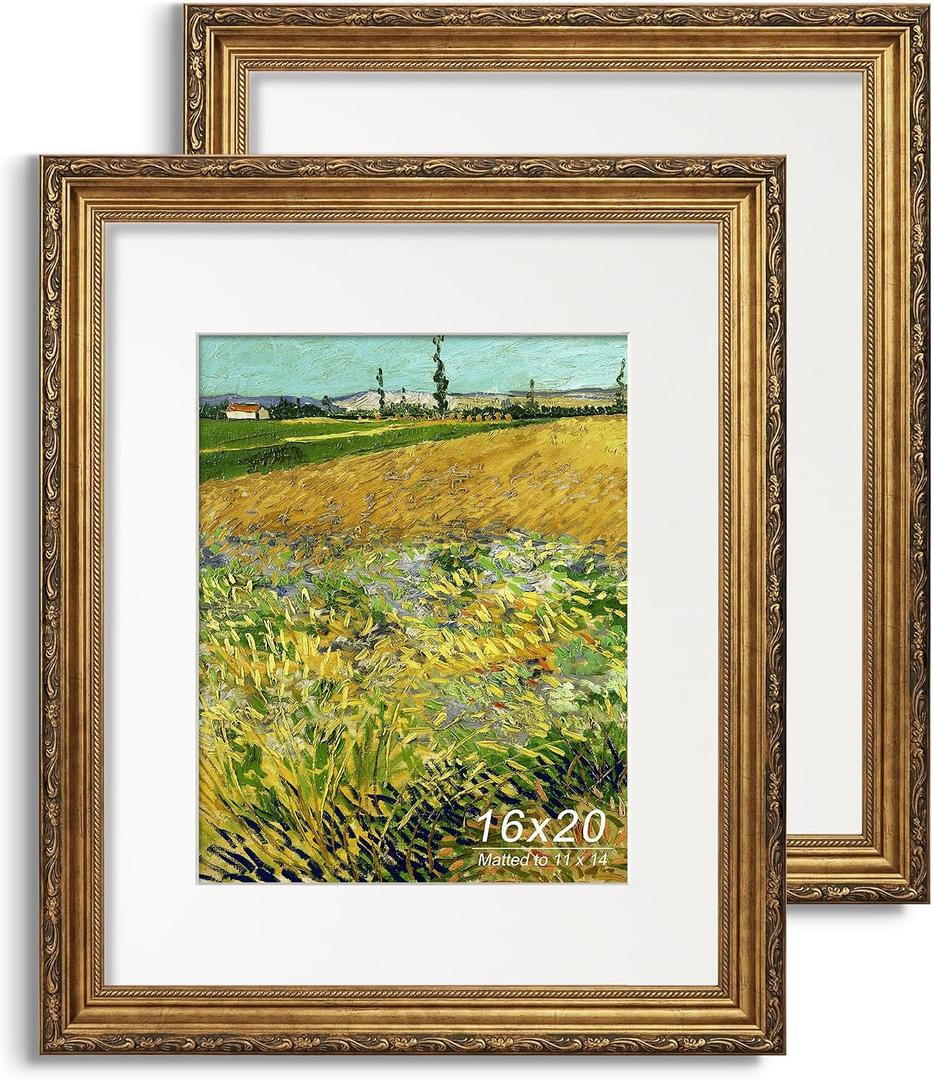 Antique Gold 16x20 Picture Frame, Ornate Embossing Frame with Paper Mat and Plexiglass, Fit for 16x20 without Mat or 11x14 with Mat, Wall Mounting Display for Art Prints, 2 Pack