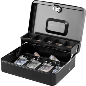 KYODOLED Locking Cash Box with Top Lock,Money Box with Cash Tray,4 Bill/5 Coin Slots,Lock Safe Box with Key,Money Saving Organizer,11.81Lx 9.45Wx 3.54H Inches,Black XL Large