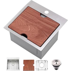 IKEBANA 15x15 Inch Bar Sink Drop in, Brushed Nickel Topmount Small Kitchen Sink, Single Bowl Handmade16 Guage T-304 Stainless Steel Workstation Kitchen Sinks, Outdoor RV Prep Wet Bar Sinks