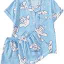 WDIRARA Women's Two Piece Animal Print Short Sleeve Button Shirt and Elastic Waist Shorts Pajama Set (X-Large, Blue Cute)