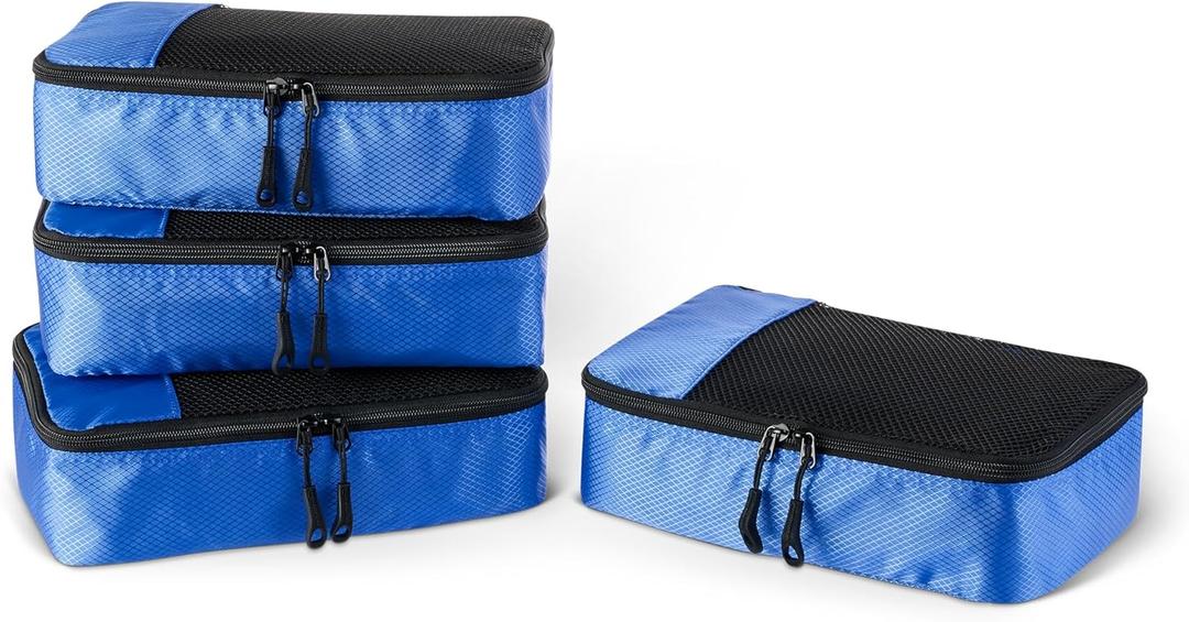 Amazon Essentials 4-Piece Packing Cubes Travel Accessories Set, Space-Saving Luggage Organizers with Double Zipper, Mesh Top, Small/Medium/Large/Slim, Blue