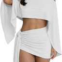 Womens Summer Dresses Beach Cover Ups Off Shoulder Split Long Sleeve Crop Top Tie Waist Skirt Sets Two Piece Vacation Dress, XL