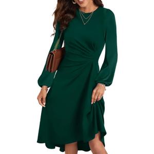 Happy Sailed Women's Long Sleeve Ruched Waist Flowy A Line High Low Midi Cocktail Party Dress (Medium)