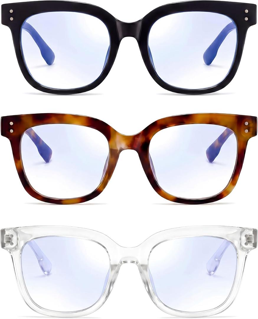 Oversized Blue Light Blocking Glasses for Women & Men - 3 Pack Fashion Computer Eyewear with Anti-Glare & UV400 Protection for Eye Strain Relief, Sleep Support & Daily Office Use