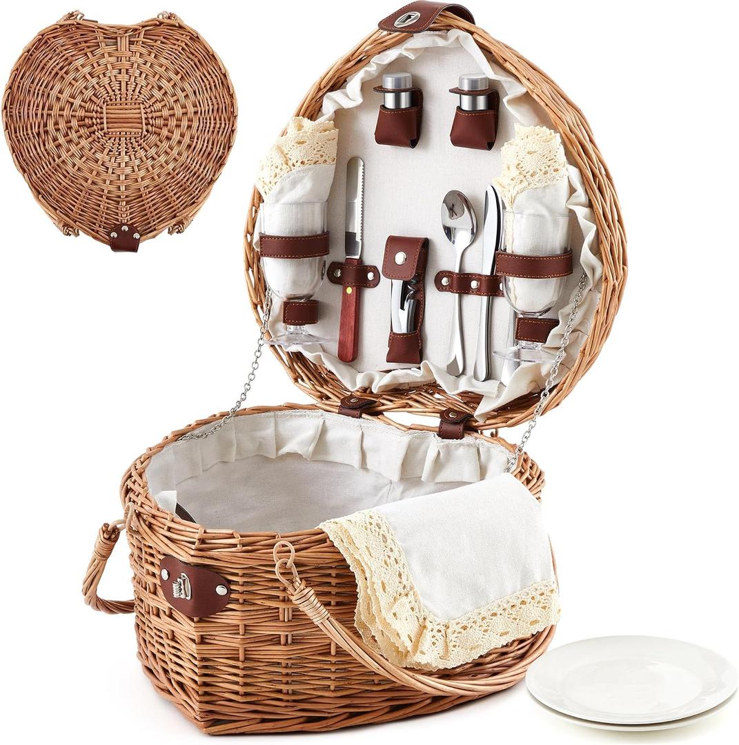 Willinglong Heart Picnic Basket with 2 Person Tableware Set Wicker Picnic Basket Couple Gift for Camping Beach Wedding Party Birthday Outdoor Antique White