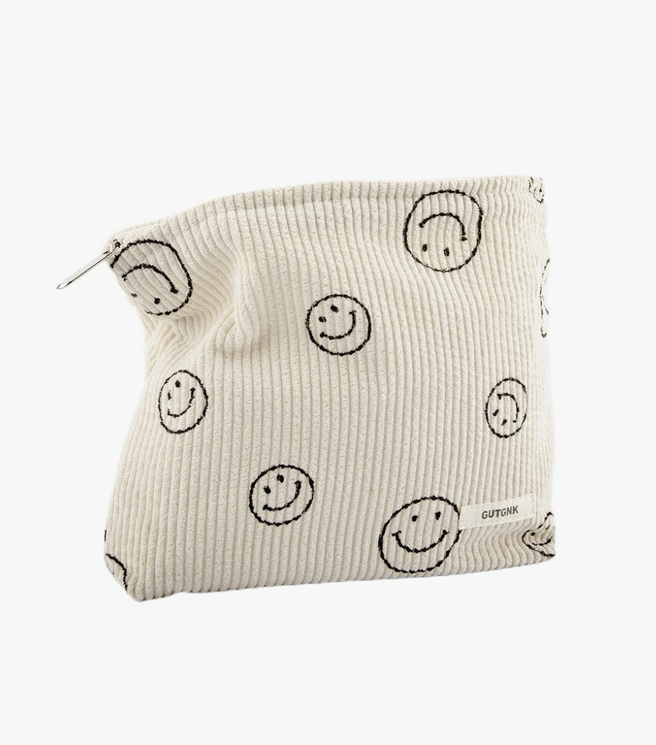 Makeup Bag For Women - Corduroy Cosmetic Bags Aesthetic Design Ladies Tote pouch Women's Pencil Case,Cute Smiley Face Makeup Organizer with Zipper (Beige)