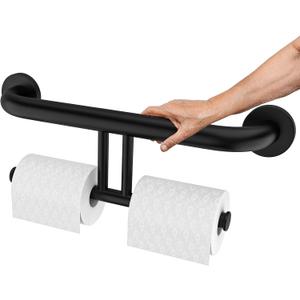 Black Handicap Grab Bar w/Toilet Paper Roll Holder, Zepolu 2-in-1 Safety Assist Bar Balanced Support Handle 17 Inch, Stainless Steel Wall Mounted Bathroom Toilet Grab Bar for Senior Elderly Disabled