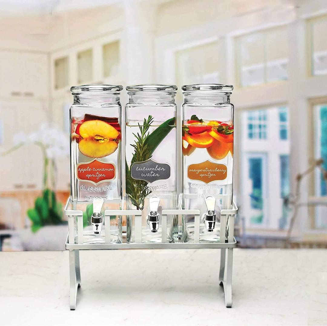 Circleware Triple Chalkboard Beverage Dispensers with Metal Stand & Spigot, Glassware for Water, Iced Tea, Punch, Cold Drinks, 3-80 oz Mason Jars, Copper, Gold, Silver