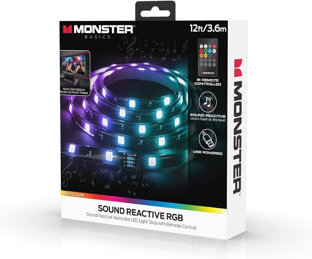 Monster 12ft Multi-Color Sound Reactive LED Light Strip, Customizable with Remote, Follows The Music, Desktop Monitor/HDTV Backlight, Xtreme Easy Installation