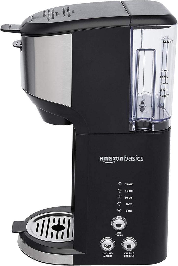 Amazon Basics Single Serve Coffee Maker K-Cup, 14 Oz, Black & Stainless Steel Machine, 5.98"D x 9.44"W x 14.17"H