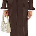 Pink Queen Women's V Neck Bodycon Sweater Dress 2026 Long Sleeve Half Button Slim Fitted Ruffle Ribbed Knit Maxi Pencil Dress (Medium, Chocolate)