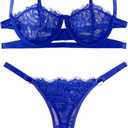 Lilosy Sexy Eyelash Underwire Floral Lace Sheer O Ring Linked Cutout Lingerie Set 2 Piece (Blue, L)