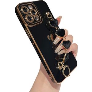 Caseative for iPhone 12 Pro Max Case,Cute Plating Love Heart Wrist Strap Chain Bracelet Phone Case (Black)