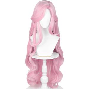Half and Half Long Curly Light Pink Pony Wig with Bangs Pastel Pink Anime Cosplay Wigs 39'' Syntehtic Hair for Women Halloween Party
