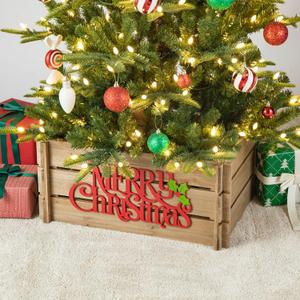 Glitzhome 24" L Wooden Crate Tree Collar, Natural Wooden Merry Christmas Christmas Tree Base Cover Farmhouse Christmas Tree Collar Decorative Christmas Tree Skirt Collar