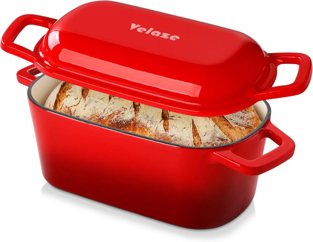 Velaze 3.6QT Dutch Oven for Bread Baking, Oval Cast Iron Enameled Bread Oven Pan with Lid and Offset Handles, Oven Safe to 500°F for Homemade Sourdough Bread (Red)