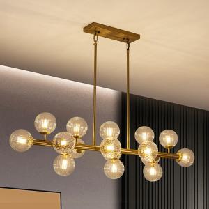 Gold Linear Rectangle Chandelier Modern Chandelier Glass Pendant Light Fixture Adjustable for Dining Living Room Kitchen Island 16-Light