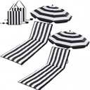 Briwooody 2 Set Beach Chairs with Umbrella Portable Beach Lounger Lightweight Foldable Outdoor Lounger Chair for Outdoor Travel Sunbathing Camping, Black and White Stripe