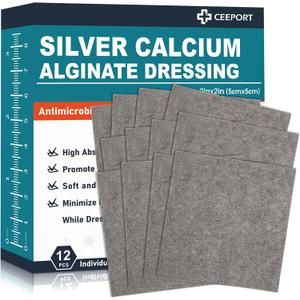 2 "x 2" Ag Silver Calcium Alginate Wound Dressing Pads, 12 Individual Pack Highly Absorbent Painless Removal Dressing, Soft Silver Dressings for Wound Care, Non-Stick Gauze Pads for Wounds, Expiry: 03/2027