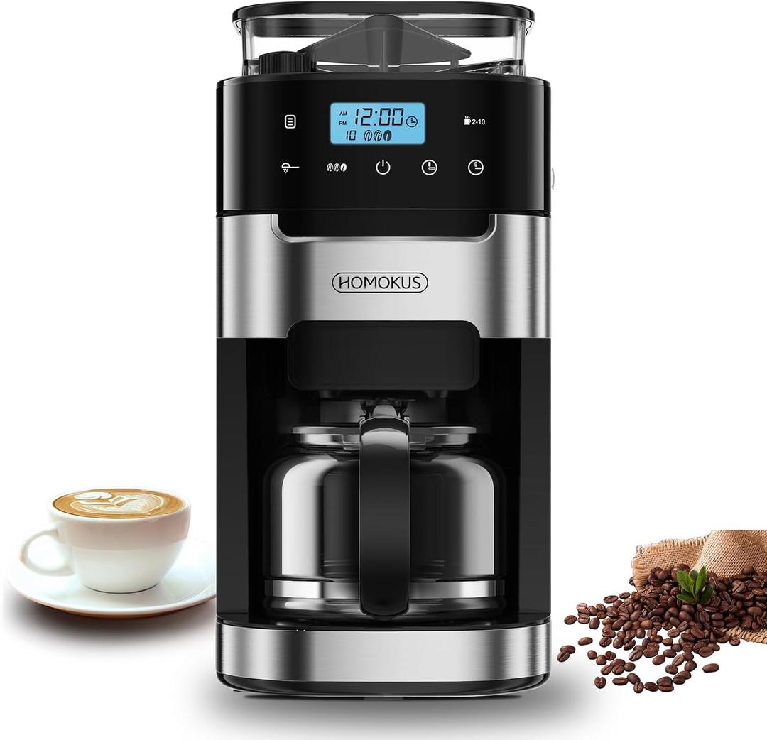 HOMOKUS 10-Cup Coffee Maker with Grinder, Touch Screen, Automatic Brew, Warming Plate, 1.5L Water Tank, Removable Filter