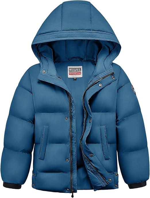 WULFUL Kids Boy's Winter Coat Hooded Puffer Windbreaker Warm Cotton Jacket Parka Down Outdoor Coats (Blue, S)