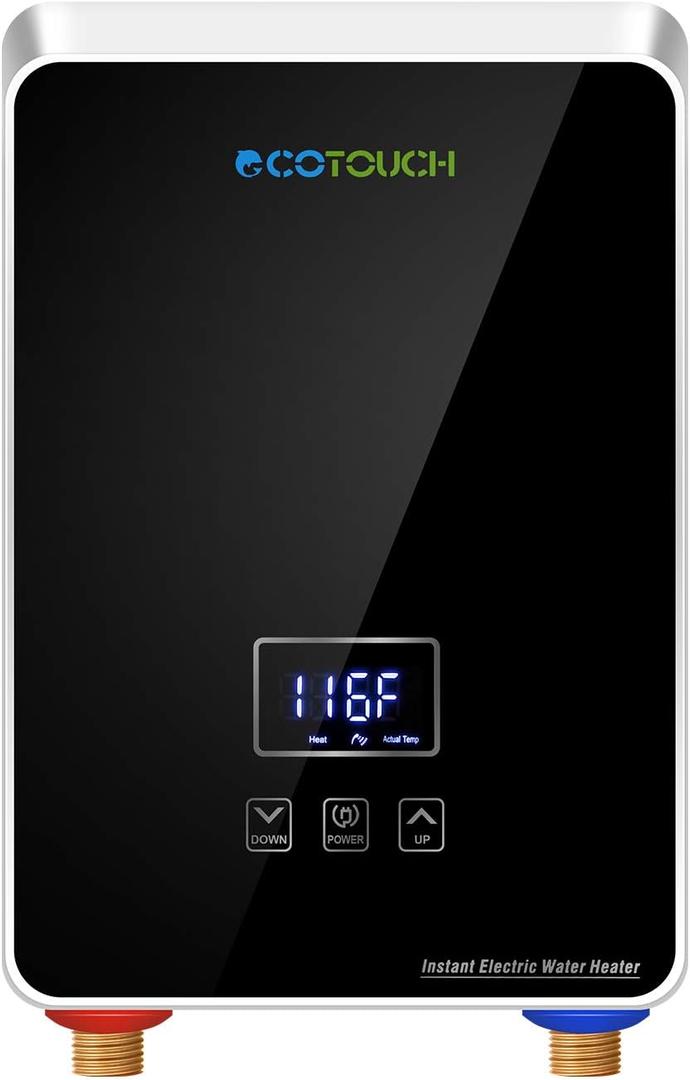 Tankless Water Heater Electric, ECOTOUCH 5.5kW 240V On Demand Hot Water Heater Electric Instant Water Heater with Self-Modulating for Point of Use, Digital Display, ECO55B Black