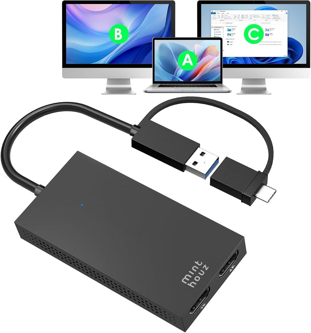 Minthouz HDMI Splitter for Dual Monitors, Universal Video Graphics Adapter for Thunderbolt 5/4/3, USB 4, USB-A/C, Mac and Windows, USB-C to 4K@30Hz &1080p@60Hz HDMI Extender for Windows & MacBook