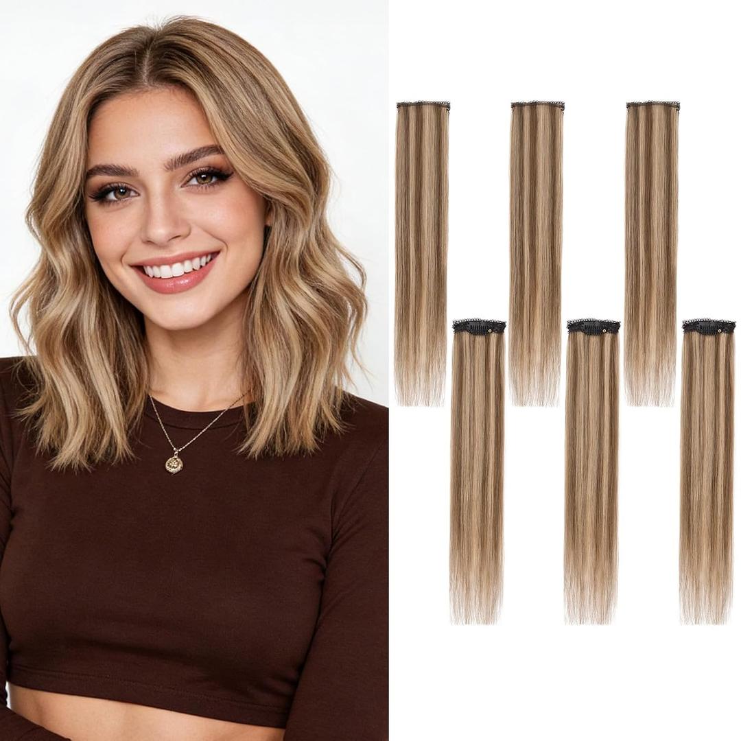 6PCS Clip in Hair Extensions Real Human Hair Short Clip in Extensions for Women Short Straight Hairpieces to Add Volume and Highlights 12 Inch Medium Brown & Dark Blonde