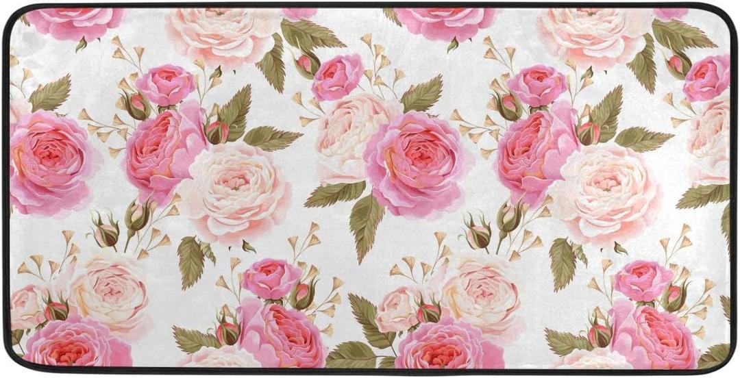 susiyo Kitchen Mat Beautiful Floral Pink Roses Kitchen Rug Mat Anti-Fatigue Comfort Floor Mat Non Slip Oil Stain Resistant Easy to Clean Kitchen Rug Bath Rug Carpet for Indoor Outdoor Doormat