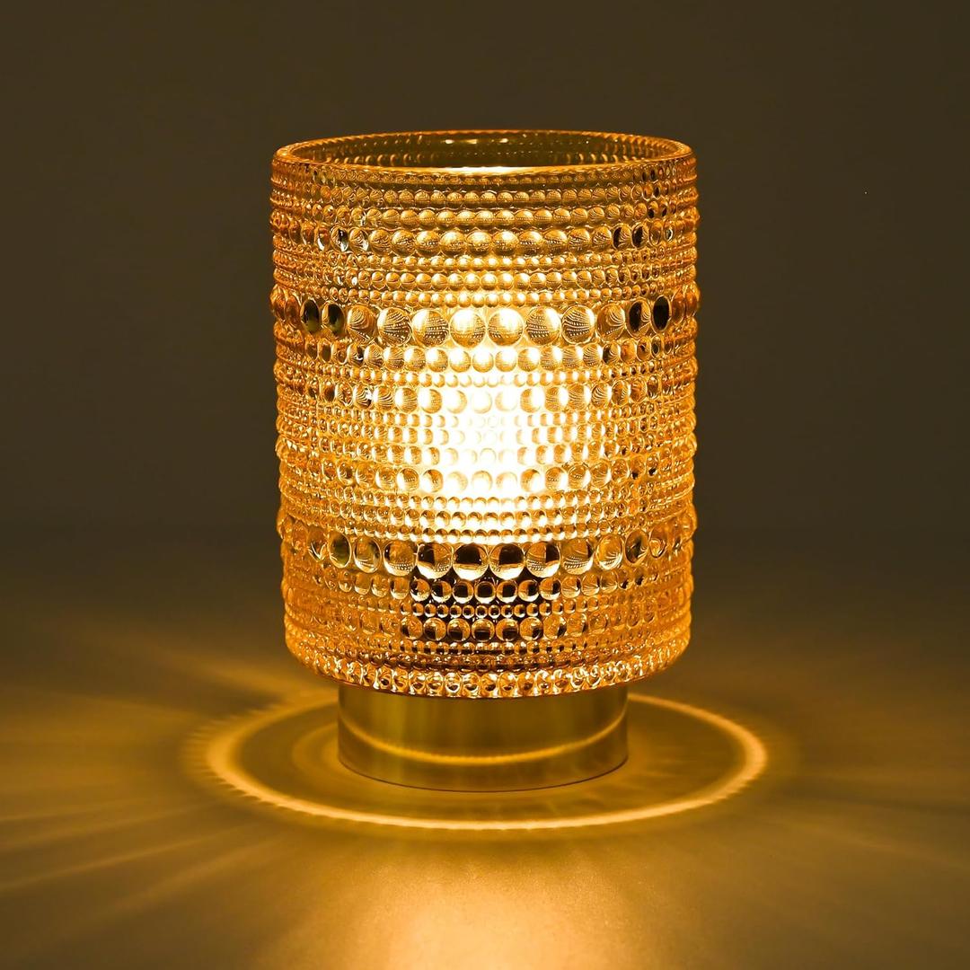 Battery Operated Lamp with Auto-Off Timer, Cordless Table Night Light for Bedroom & Entryway, Portable LED Lamp for Home, Outdoor, Camping No Battery Included (Pearl Design-Amber)