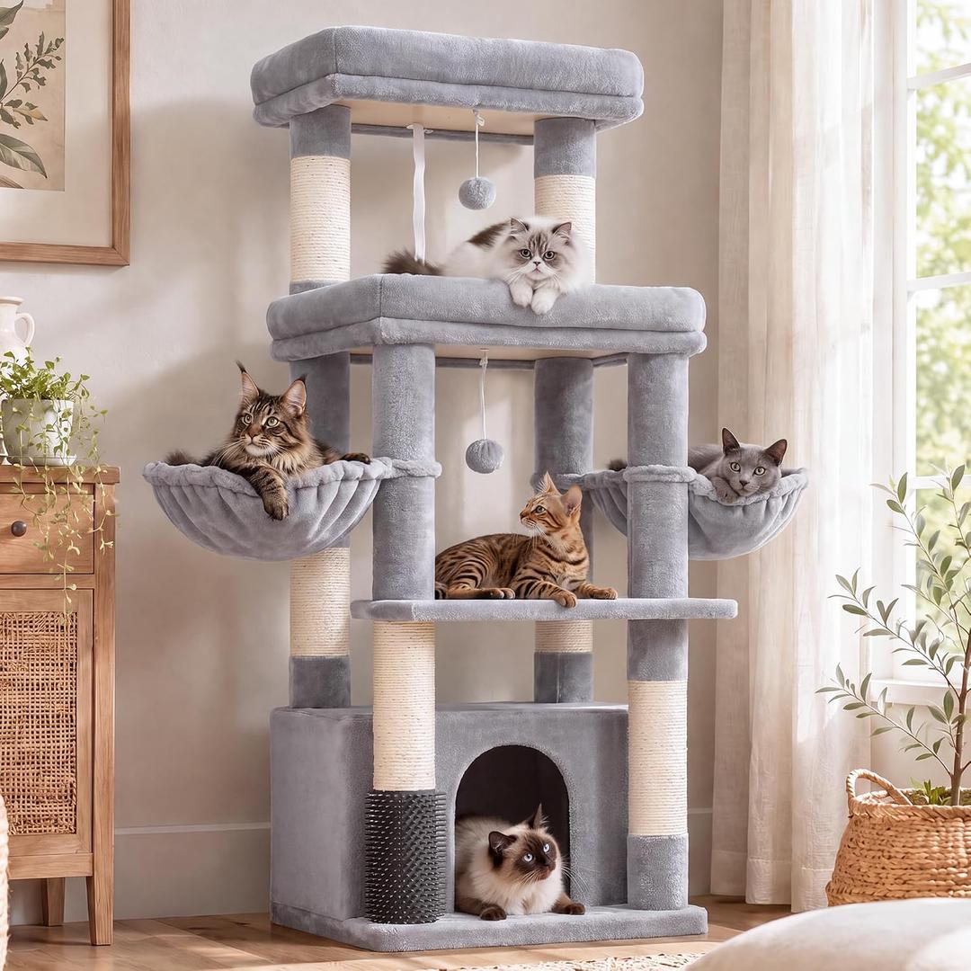 Hey-brother Cat Tree Tower with Extra Large Platform, Big Condo, MPJ070W
51.1 Inches Scratching Posts with 2 Cozy Hammocks, Self-Grooming Brush for Indoor Adult Cats, Maine Coon, Light Gray