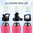 Insulated Water Bottles with Straw 40 oz Leak Proof, Vacuum Insulated Stainless Steel Sport Tumbler with 3 Lids Straw, Spout and Handle Lid for Sports, Gym or Office,Hot Pink