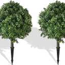28" Artificial Boxwood Topiary Ball Trees with Ground Spike for Outdoor,Set of 2 UV Resistant Artificial Shrub Bushes,Artificial Plants,Fake Boxwood Plants for Indoor, Garden, Yard,Patio Dcor
