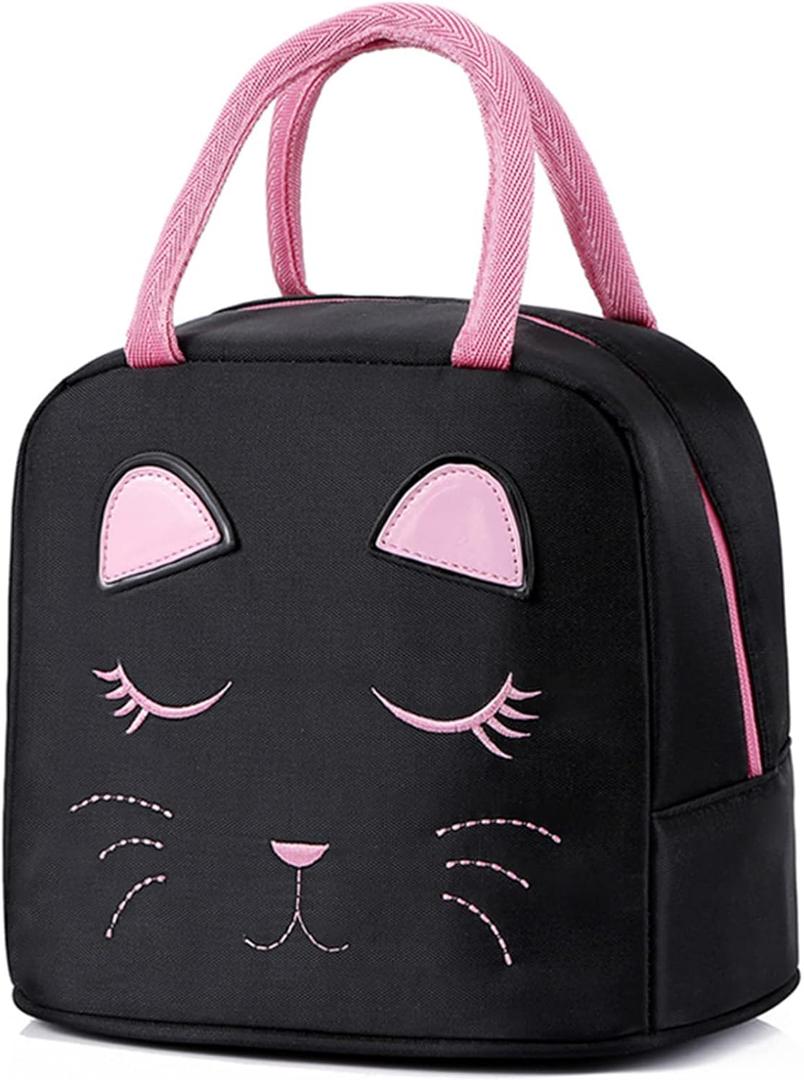 Portable Insulated Lunch Bag for Kids Girls Cute Reusable Lunch Box for School Picnic Leakproof Lunch Tote Handbag(Black)