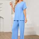 Womens 2 Piece Outfits Shorts Sleeve Tops Wide Leg Pants Casual Trendy Lounge Matching Set 2025 (Blue, XL)