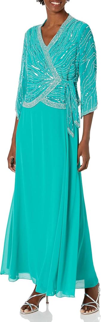 J Kara Women's Long 3/4 Sleeve V-Neck Beaded Faux Wrap Dress (8 Petite, Aqua Multi) Size 8