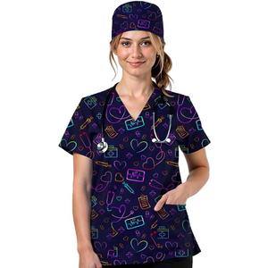 2Pcs Women's Scrubs Set with Cute Printed Scrub Caps V Neck Tops Soft Casual Nurse Uniform with Pockets (Blue, L)