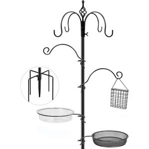 Bird Feeding Station, 90.55in 6-Hook Wild Bird Feeder Stand Pole with Water & Mesh Tray Humming Bird Feeders for Outdoors Easy Assembly for Courtyards Gardens (Black)