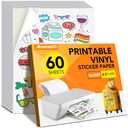 60 PCS Sticker Paper for Inkjet Printer, Printable Vinyl Sticker Paper Dries Quickly Vivid Colors, 8.5"x11" Tear Resistant Printable Vinyl, Glossy White, Inkjet & Laser Printer