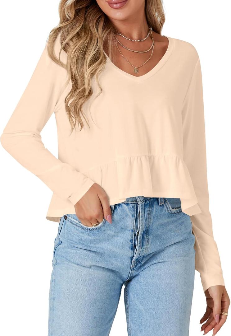 Vrtige Women's V Neck Long Sleeve Peplum Babydoll Blouse Shirt Crop Top Ruffle Hem (Beige, XS)