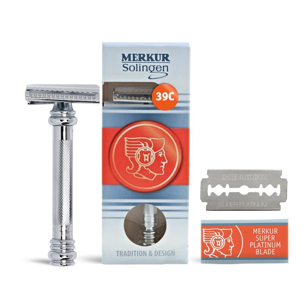 MERKUR 39C Double Edge Safety Razor, Slant Bar Design- Long Handle, Made in Germany, Plastic-Free, Two Piece Design
