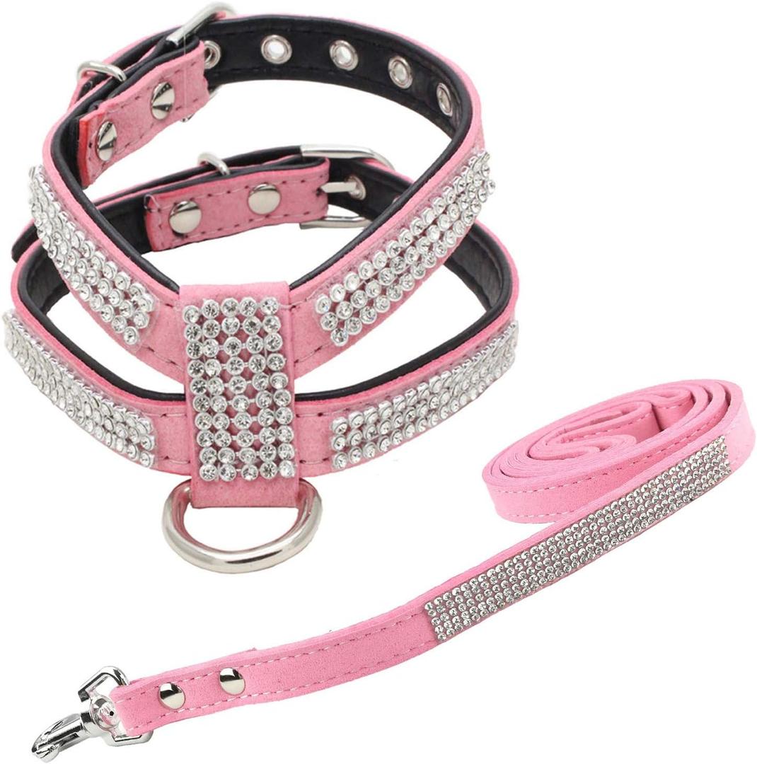 Fashion Puppy Harness with Diamantes and Lead Cute Girls Bling Dog Harness with Bling Leashes for Small Dogs (Pink)