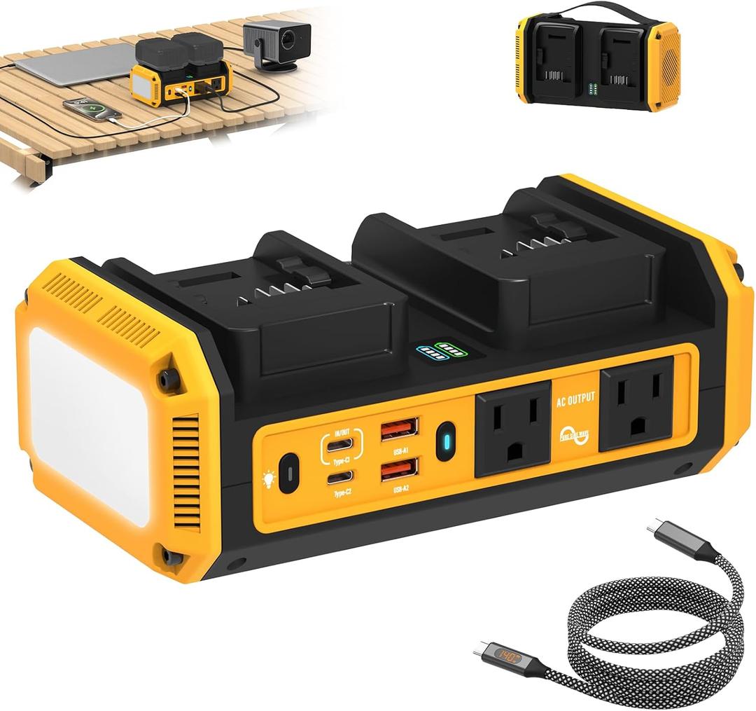 350W Pure Sine Wave Power Inverter Compatible with Dewalt 20V Batteries, Dual-Battery Auto-Switch, DC 20V to AC 120V, 140W USB-C PD, 600lm LED Light (Battery Not Included) (Yellow)