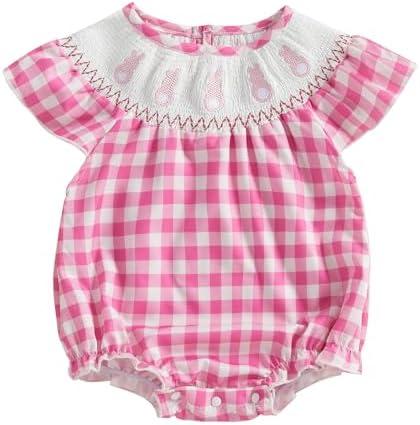 Pack of 2 Gueuusu Newborn Baby Girl Easter Outfit Bunny Embroidery Smocked Bubble Romper Short Sleeve One Piece Bodysuit Infant Clothes