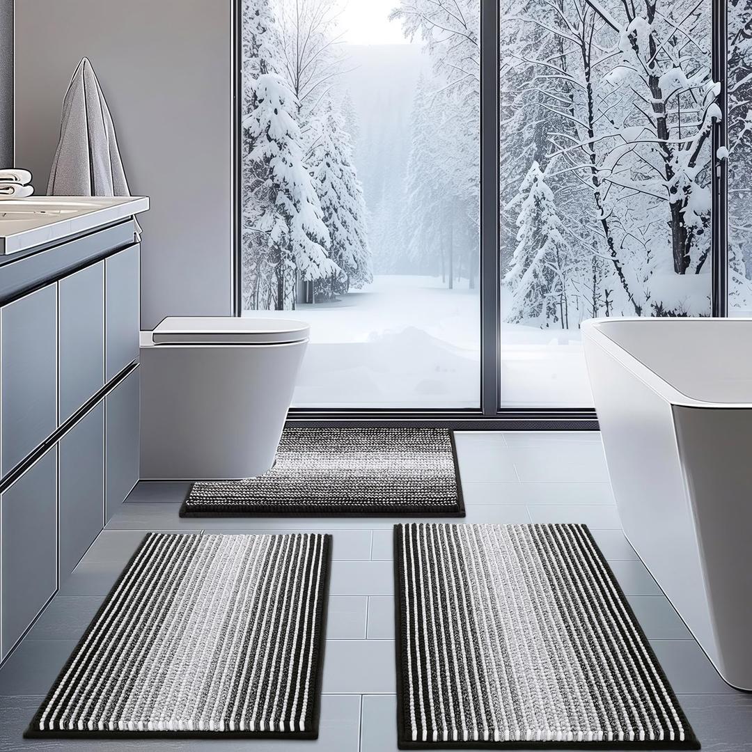 BSICPRO Bathroom Rugs Sets 3 Piece, Toilet Rugs U-Shaped Contour Bath Mat Set, Striped Absorbent Non Slip Chenille Shower Mat, Black