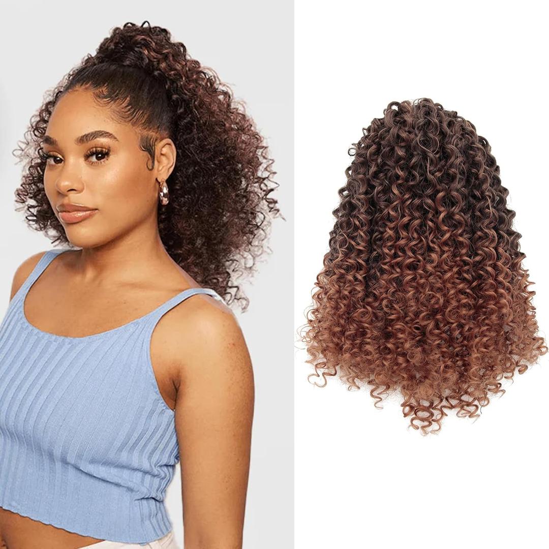12 Inch Kinky Curly Drawstring Ponytail Synthetic Hair Clip In Ponytail for Women Warm Brown Red Curly Hair No Shedding Tangle Free #4/30