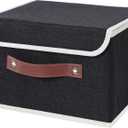 3 Pack Storage Bin with Lid Storage Boxes with PU Leather Handles PP Plastic Board Decorative Foldable Lidded Cotton Linen Fabric Home Cubes Baskets Closet Organizer Container - Black, Small Size