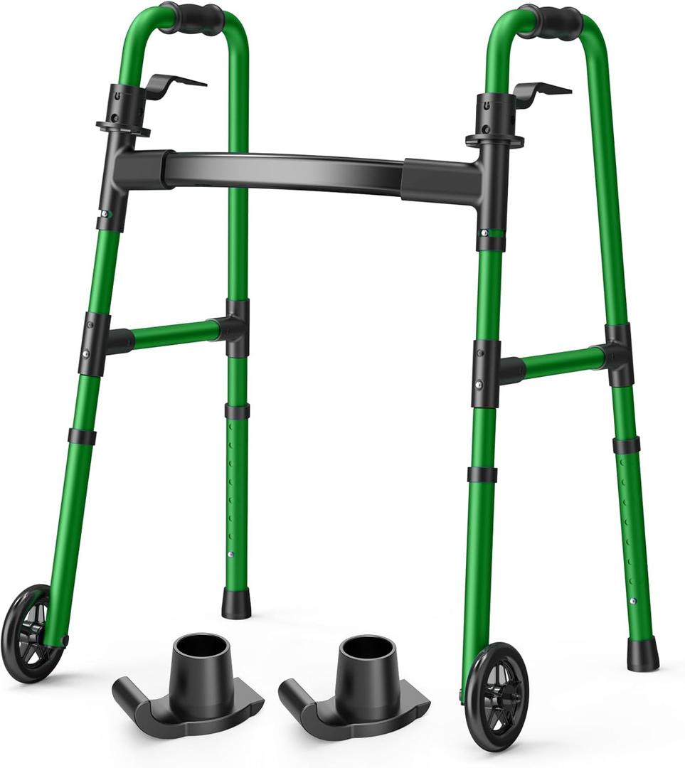 Loyoda Folding Walker with 2 Skis and 5" Wheels, Lightweight Walkers for Seniors and Adults, Supports Up to 350 Pounds, Adjustable Height, Compact Standard Walker, Green